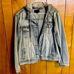 Denim jacket with grey detachable hood